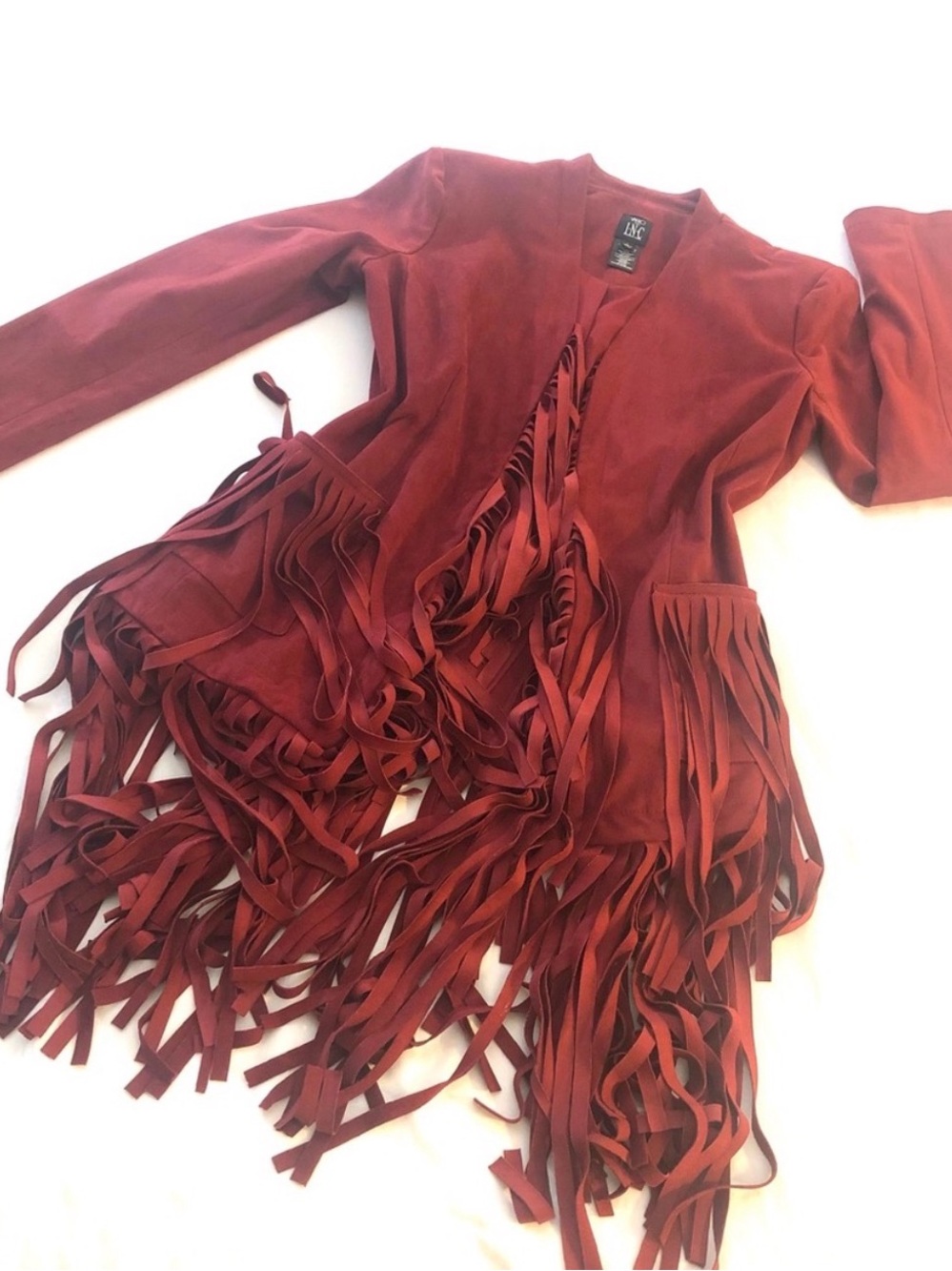 NWT INC Stunning FULL length sleeve Vegan Suede Earthy Red Fringe jacket